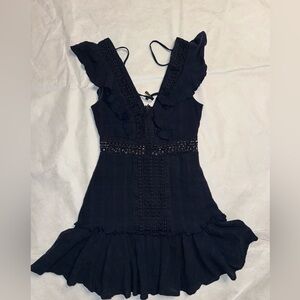 Elegant Dark blue Lace-Trim Mini Dress